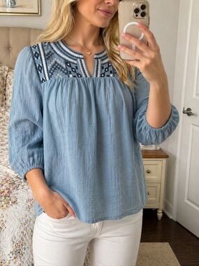 Boho Embroidered Cotton Blouse Blue Size M Lightweight Peasant Top